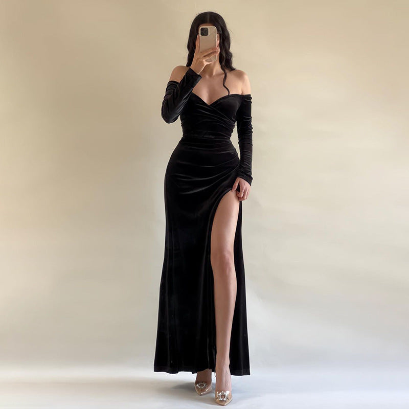 Dame Lang Kjole – Slim Fit – Velour – Off Shoulder – Slids – Aftenbrug