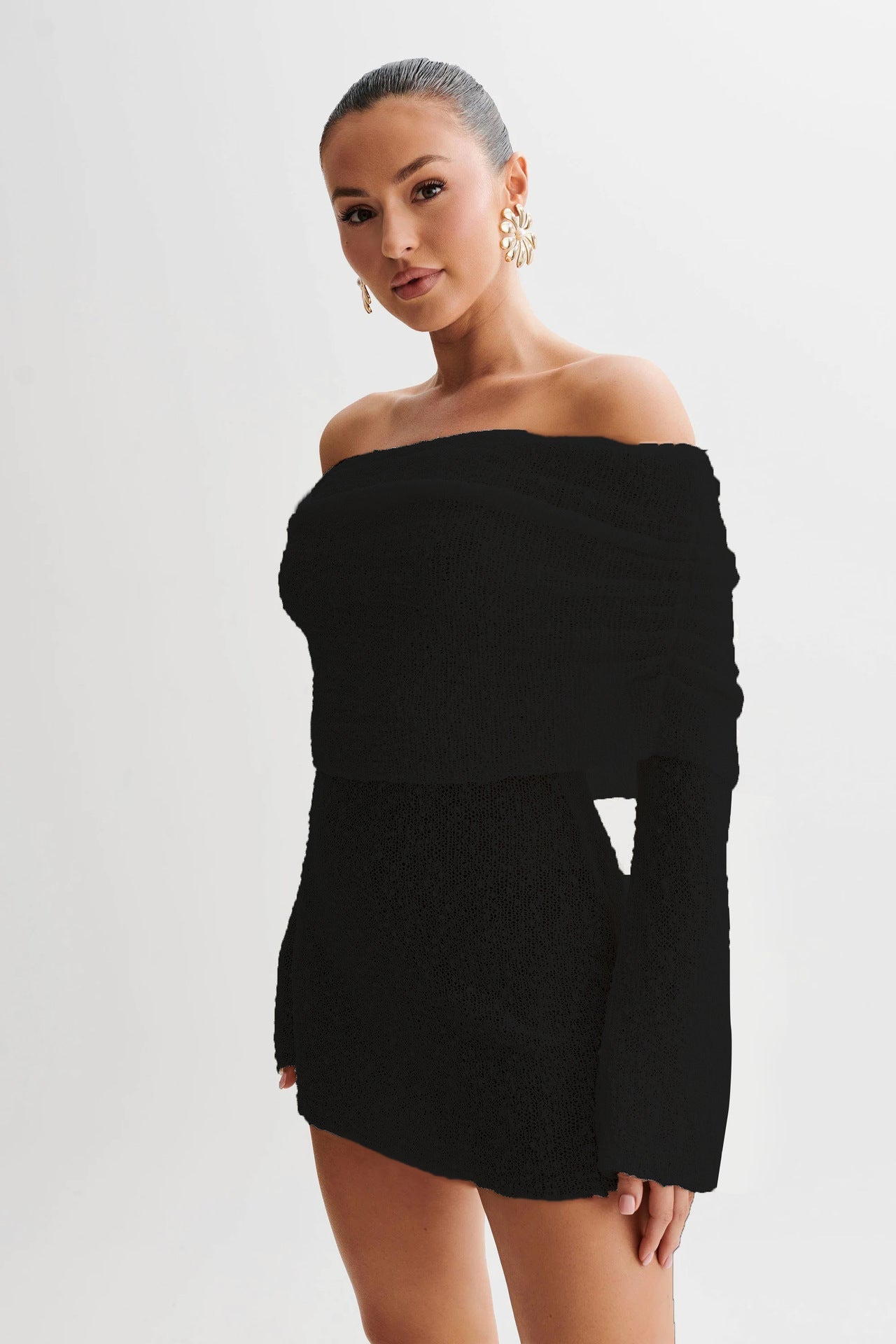 Dame Strandkjole – Strik – Slim Fit – Off Shoulder – Semi Transparent – Lange Ærmer