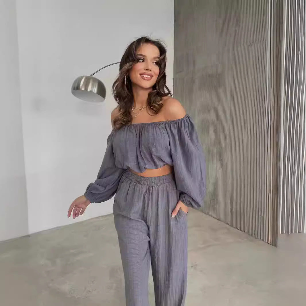 Dame Sæt – Off-Shoulder Crop Top med Lange Ærmer – Højtaljede Vide Bukser