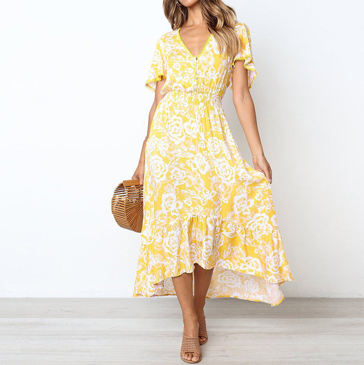 Women's Maxi Dress – Floral Pattern – V-Neck – Ruched Hem – Light and Breathable – A-Line