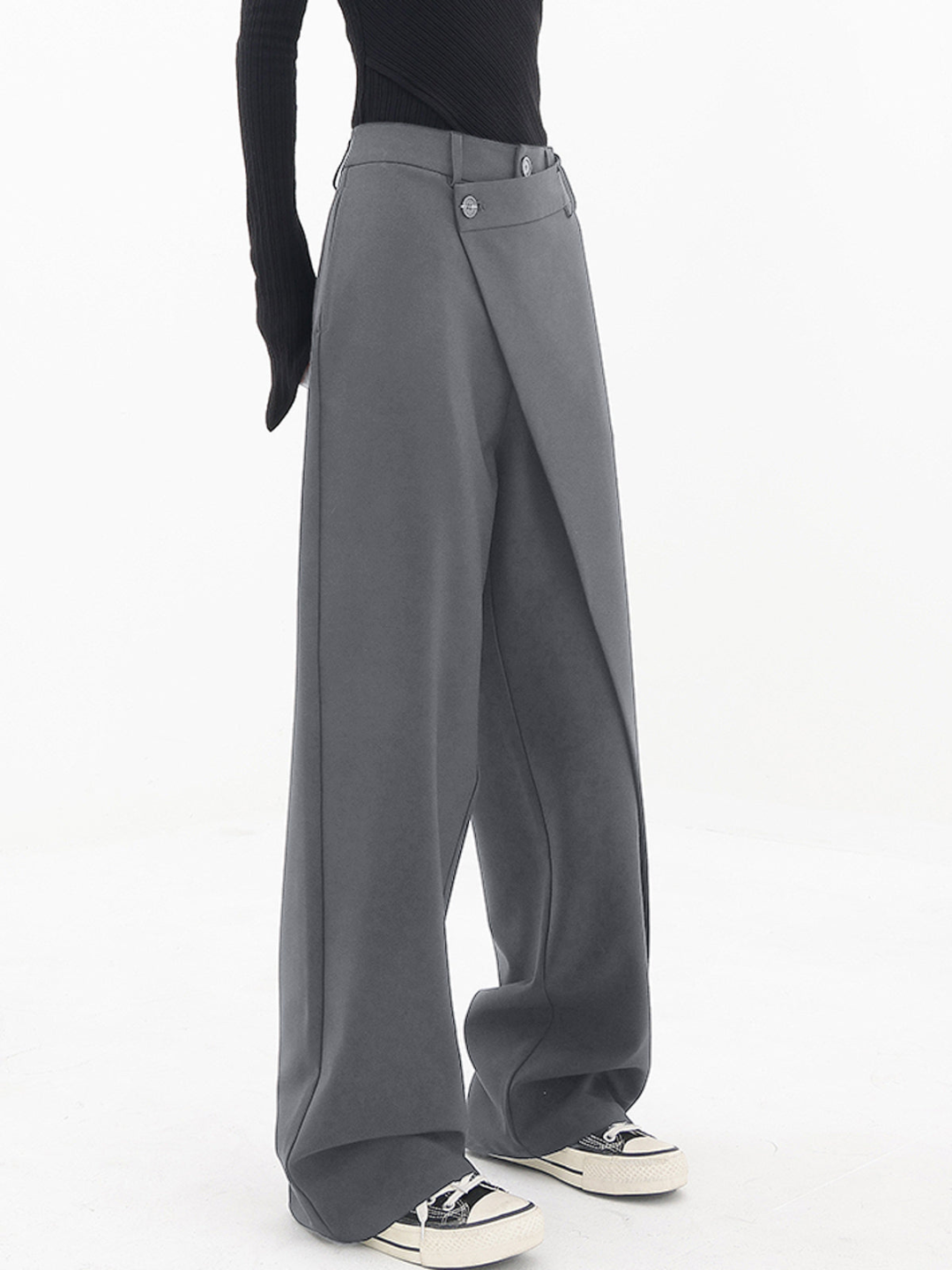 Women's Pants - High-Waisted Wide Leg - Asymmetric Detail - Comfortable & Stylish