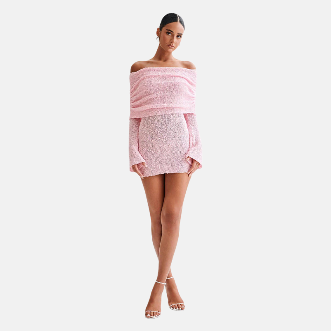 Dame Strandkjole – Strik – Slim Fit – Off Shoulder – Semi Transparent – Lange Ærmer