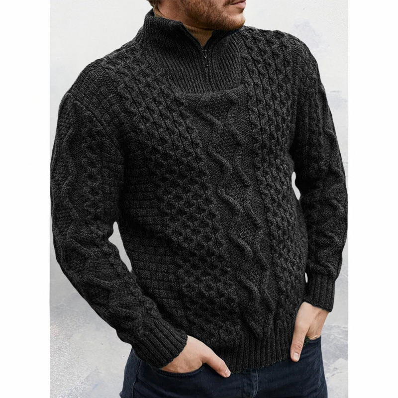 Men's Knit Sweater – Wool – Regular Fit – Cable Knit – High Neck with Zipper