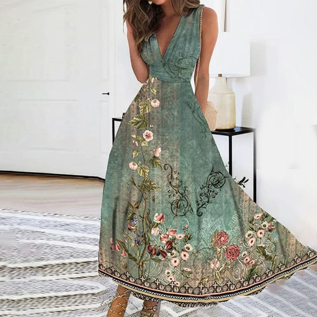 Women's Dress Maxi – Airy Fit – Deep V-Neck – Sleeveless – Fitted Waist – Floral Pattern