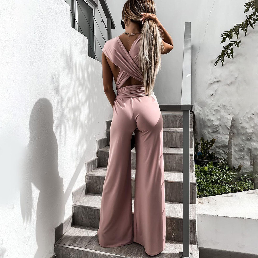Women's Jumpsuit - Sleeveless - V-neck - Wide Legs - Waistband - Elegant and Airy