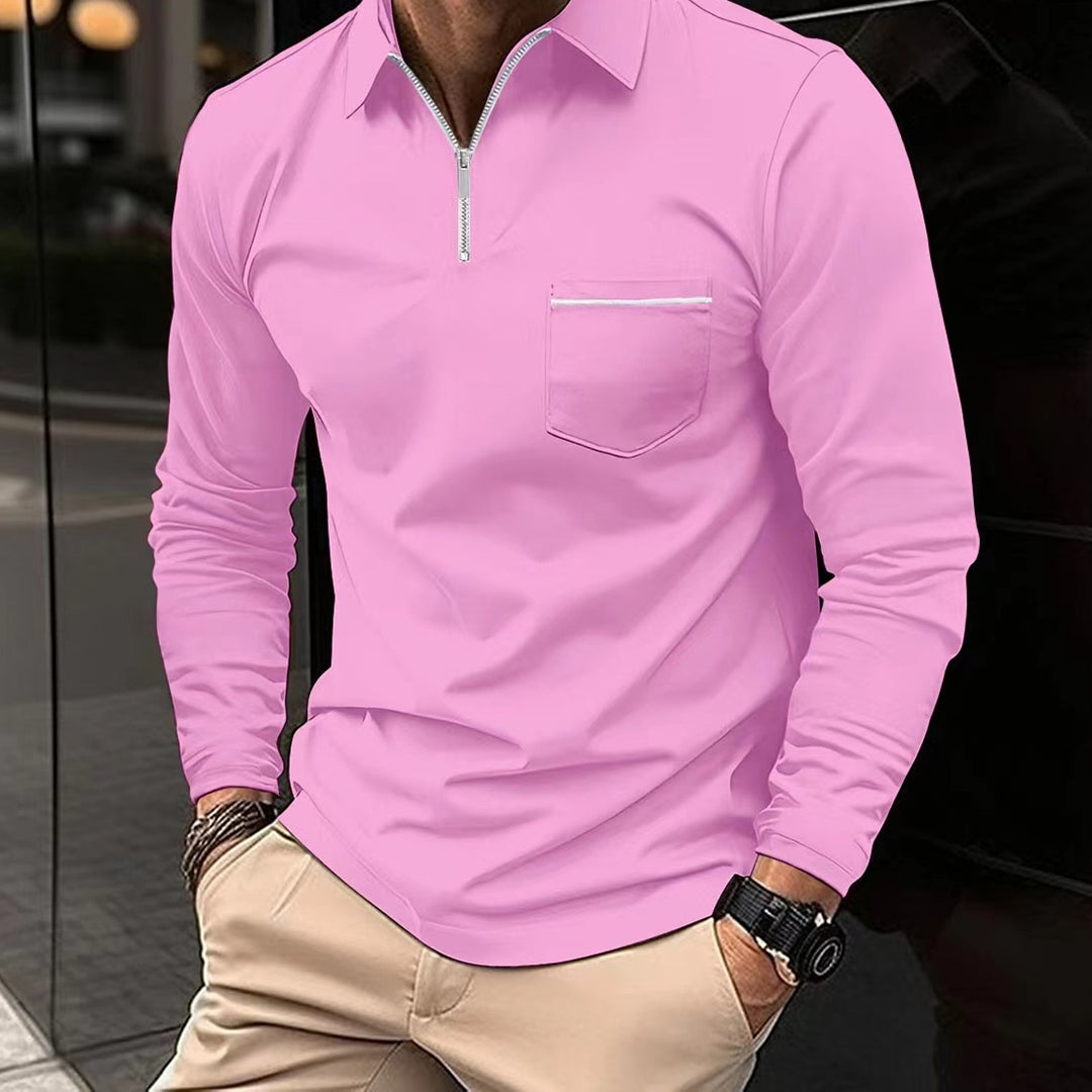Herre Poloshirt - Langærmet - Halv Lynlås - Brystlomme - Klassisk Krave