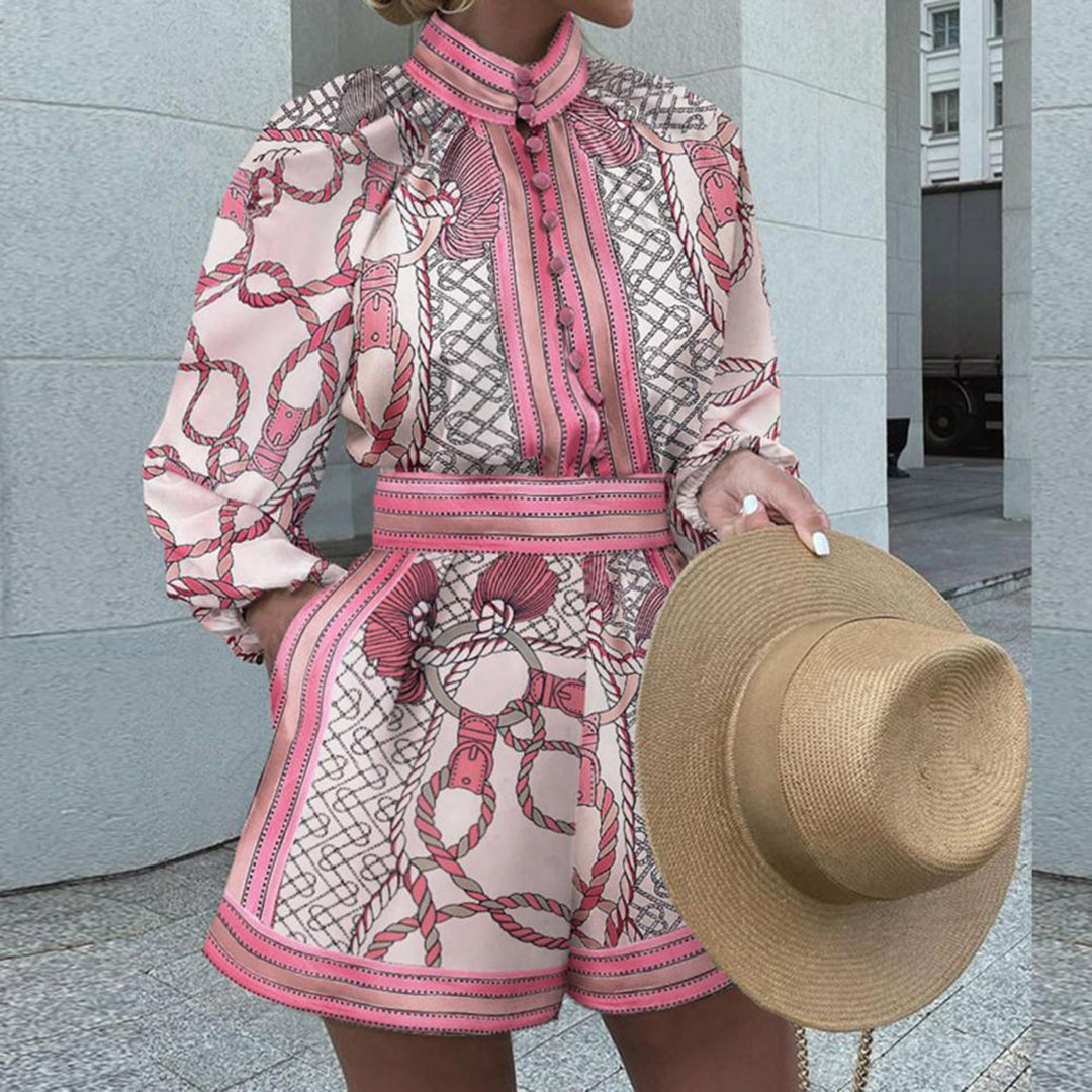 Women's Romper – Tailored Fit – High Neck – Puff Sleeves – Elegant Print – Waist Effect