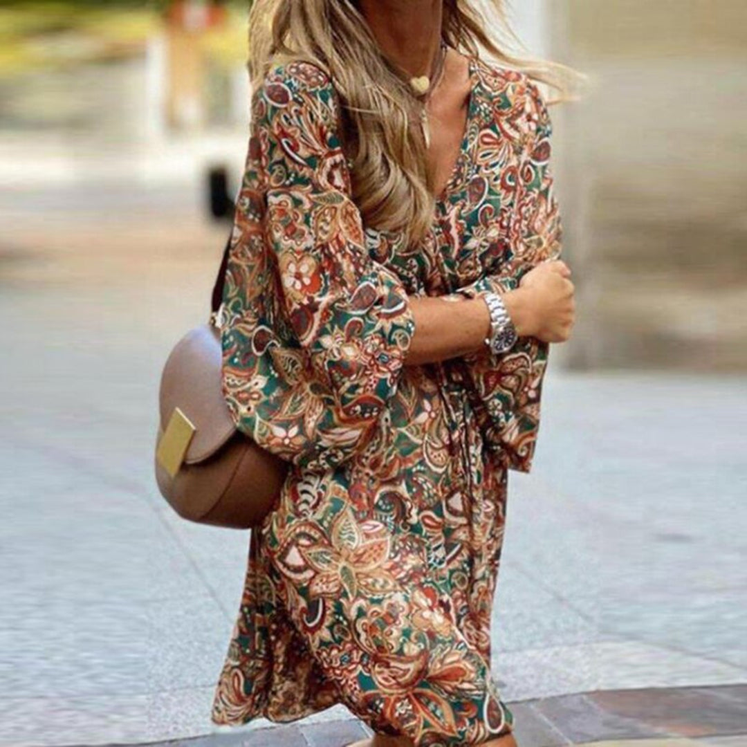 Dame Mini Kjole - Boheme Stil - Paisley Print - V-Hals - Langærmet - Let og Flowy