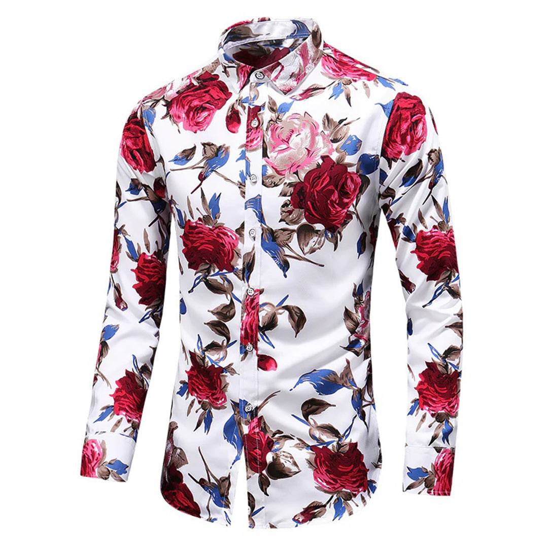 Men's Shirt - Slim Fit - Long Sleeve - Floral Print - Buttoned Front