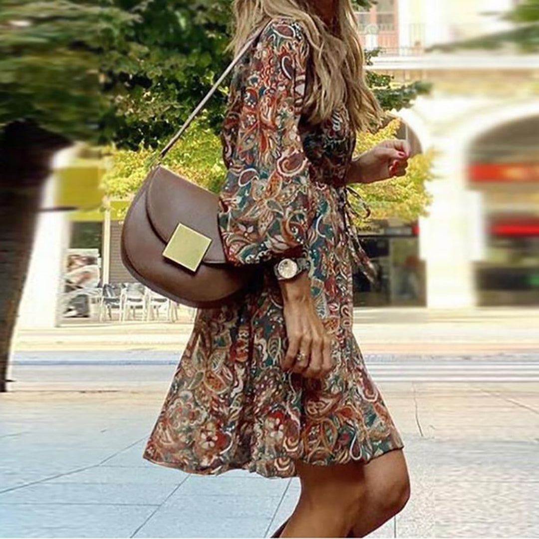 Dame Mini Kjole - Boheme Stil - Paisley Print - V-Hals - Langærmet - Let og Flowy