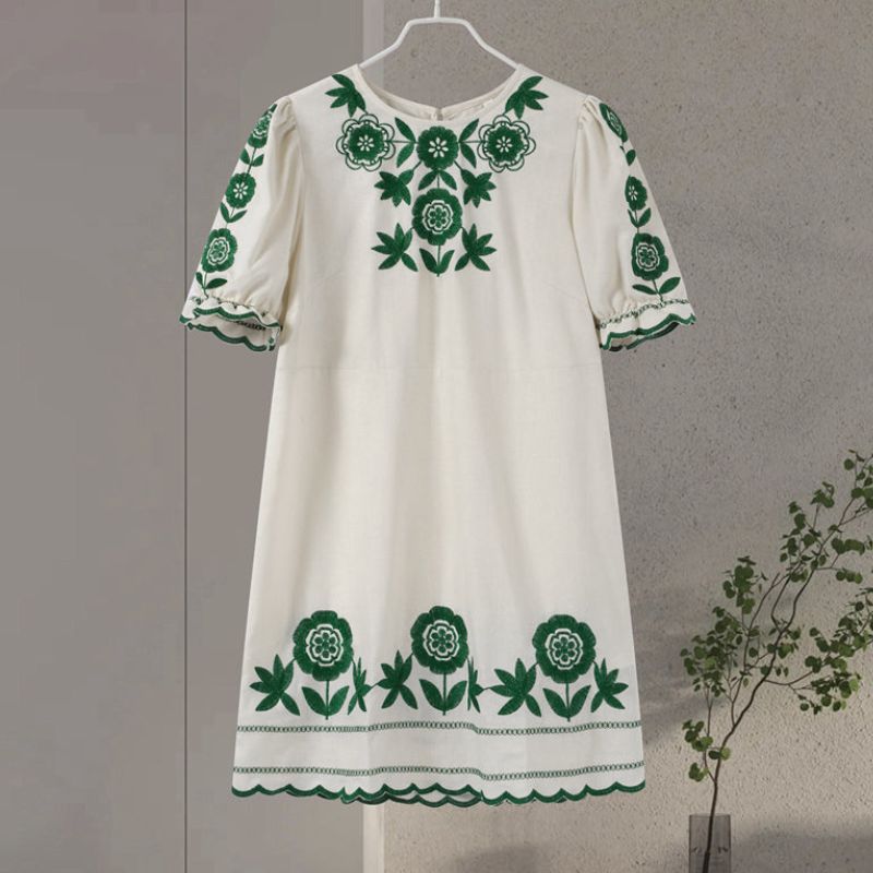 Dress for Women - Short Style - Round Neck - Embroidered Floral Design - Relaxed Fit