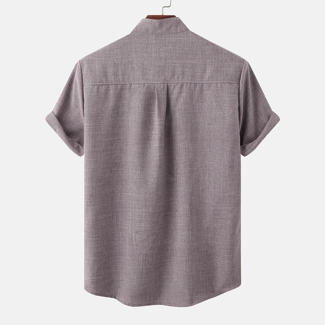 Men's Shirt - Short Sleeved with Mandarin Collar - Button Closure and Chest Pocket - Relaxed Fit