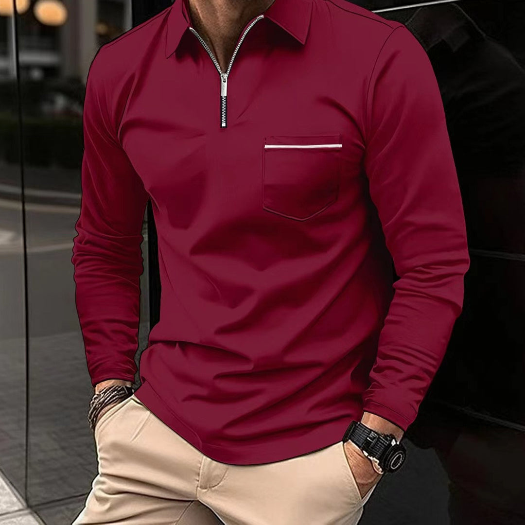 Herre Poloshirt - Langærmet - Halv Lynlås - Brystlomme - Klassisk Krave