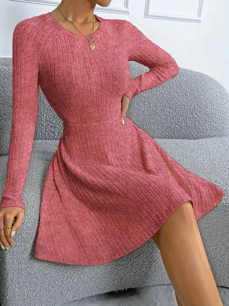 Women's Knit Dress - Tailored Fit - Long Sleeved - Round Neck - Comfortable & Elegant