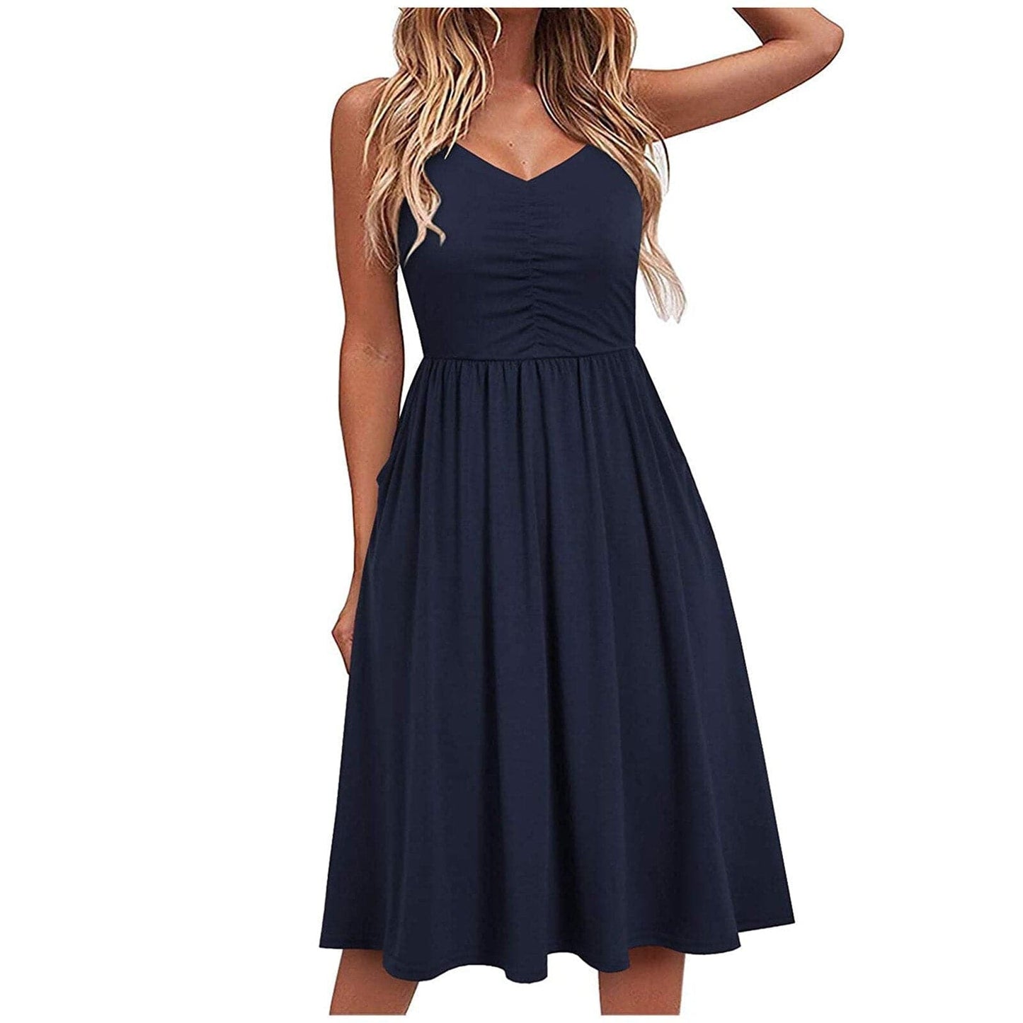 Women's Midi Dress - Fit & Flare - V-neck - Sleeveless with Spaghetti Straps - Elegant & Comfortable