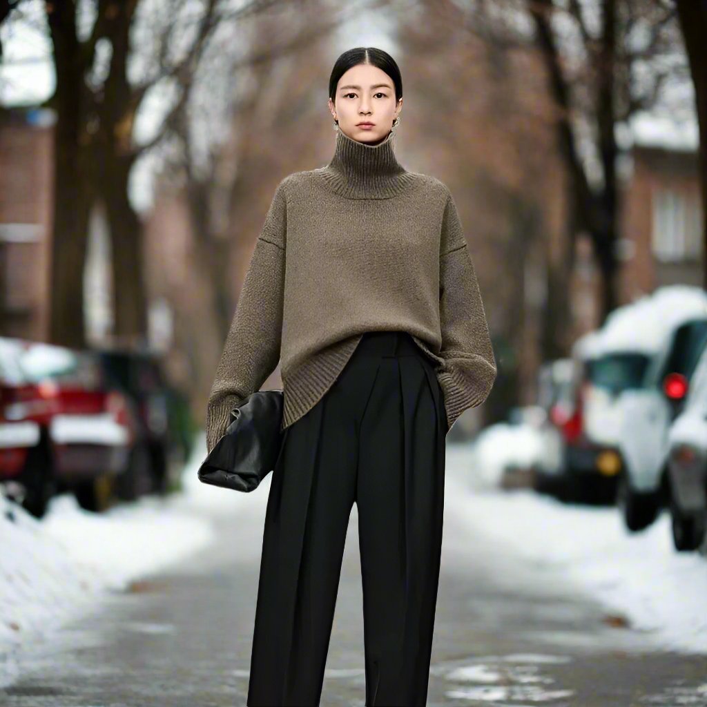 Women's Turtleneck Sweater - Knitted Wool Blend - Oversized Fit - Soft and Warm