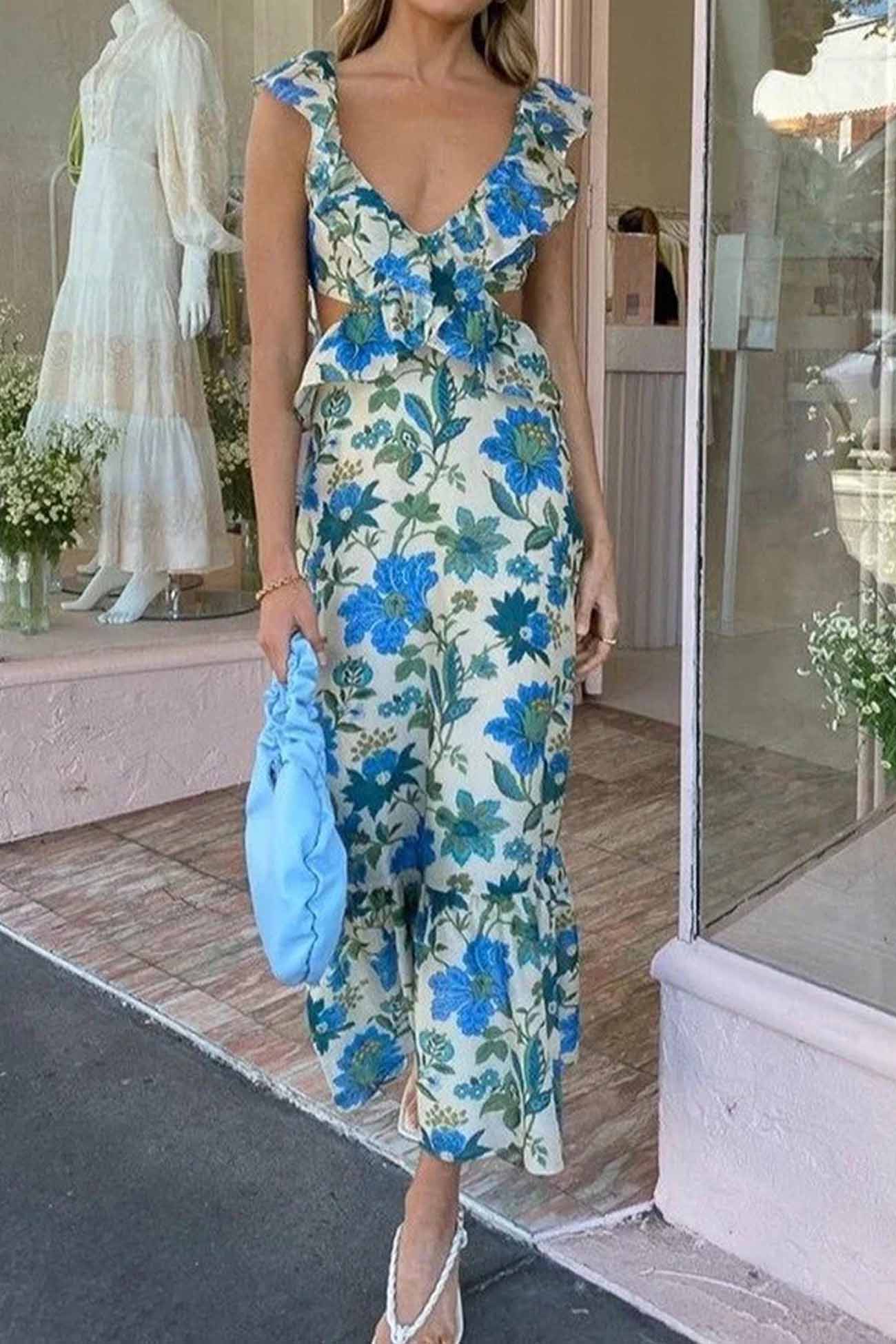 Dame Maxikjole - Ærmeløs med Flæse Stropper - V-udskæring - Let og Elegant