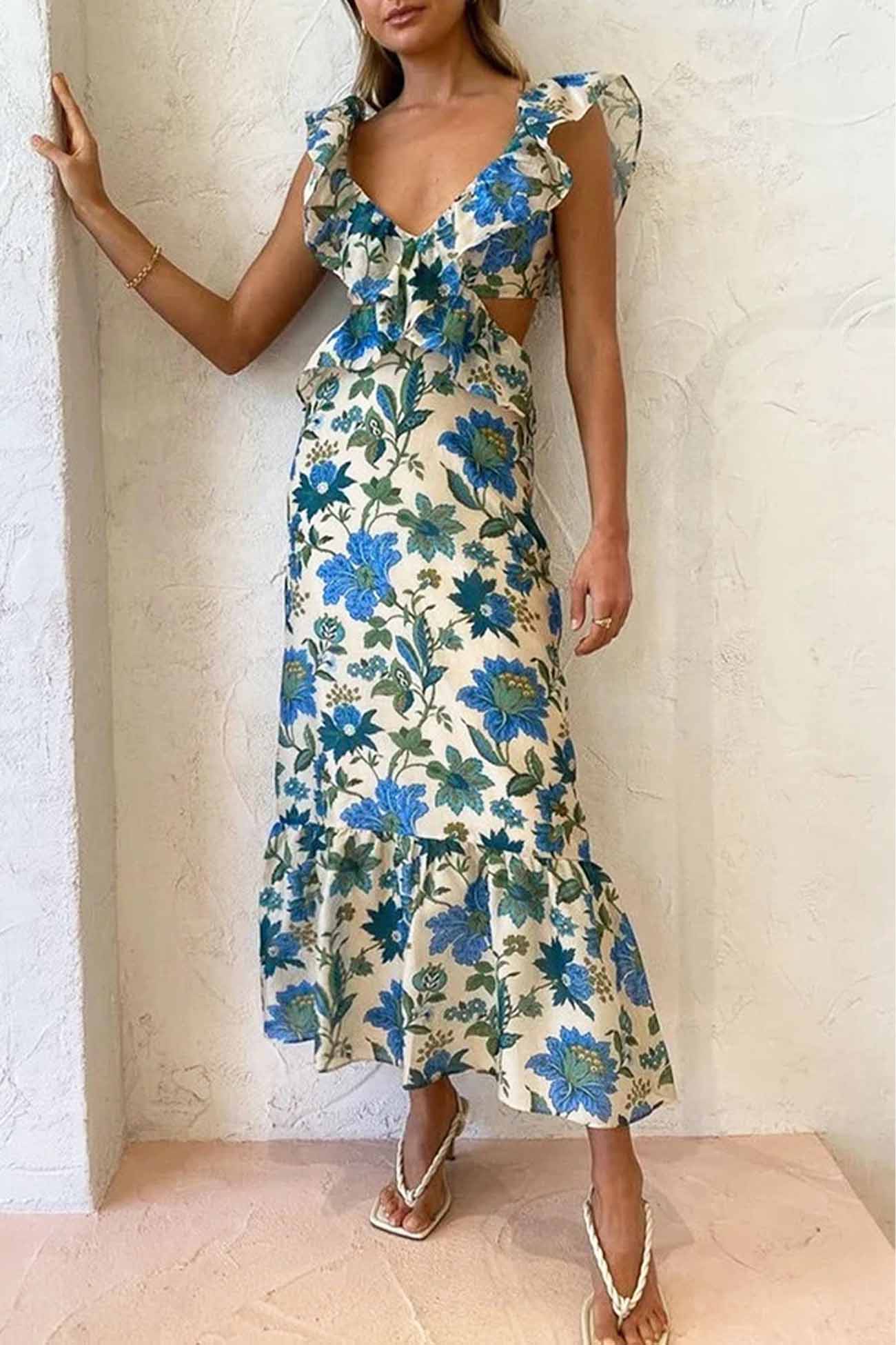 Dame Maxikjole - Ærmeløs med Flæse Stropper - V-udskæring - Let og Elegant