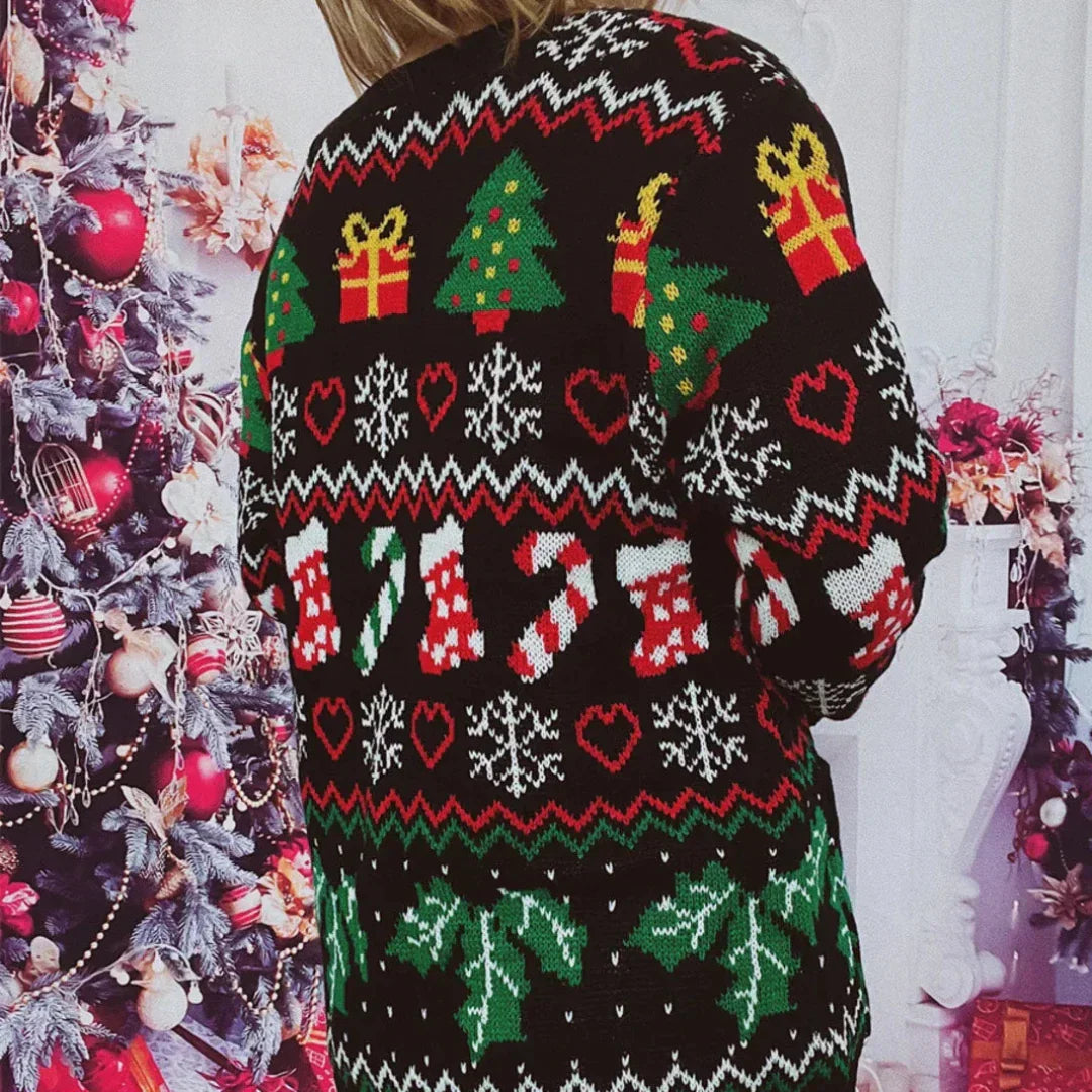 Woman Cardigan - Knit - Button Closure - Festive Design with Christmas Pattern - V-Neck