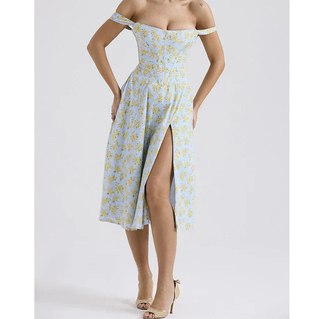 Dress for Women – Corset Design – Floral Print – Slit – Breathable Fabric – Midi Length
