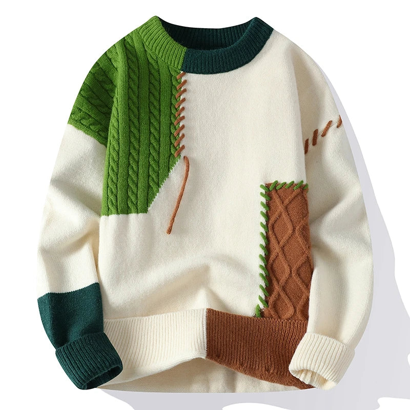Arthur Patchwork Relaxed Fit Sweater | Cable Knit Ribbed Trim Sweater