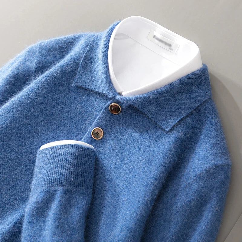 Men's sweatshirt – relaxed fit – soft wool knit – polo collar with buttons