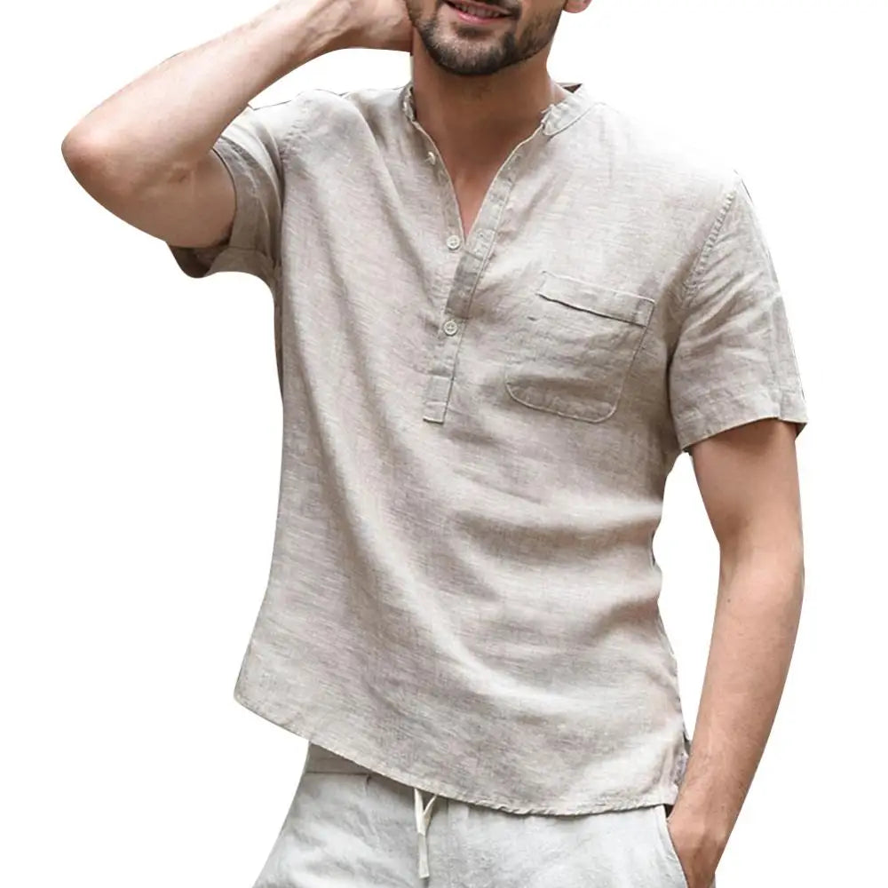 Men's T-shirt – Relaxed Fit – Linen Blend – Button Closure – Chest Pocket
