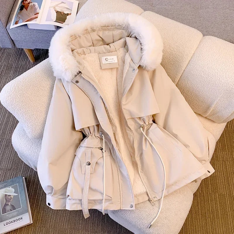 Women’s Coat - Faux Fur Lining - Mid-Length - Hooded - Adjustable Waist