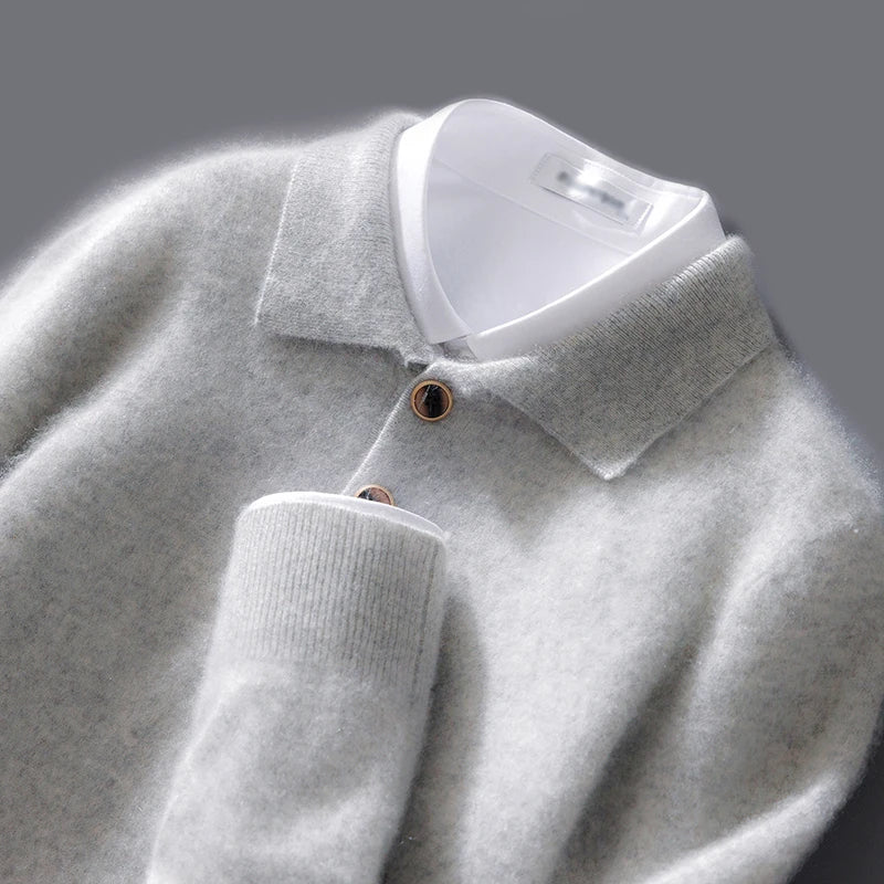 Men's sweatshirt – relaxed fit – soft wool knit – polo collar with buttons