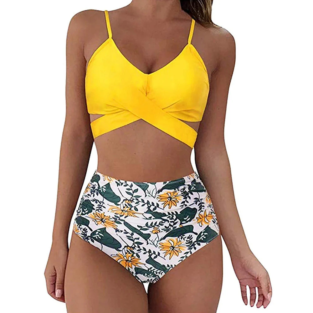 Women's Bikini Set – Slim Fit Cross-Front Top – High-Waisted Ruched Bottoms
