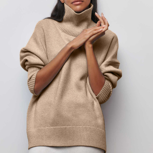 Dame Rullekrave Sweater - Oversized Pasform - Blød Strik - Korte Ærmer