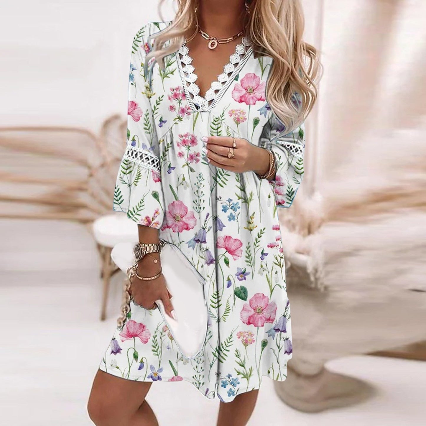 Women's Dress – Relaxed Fit – V-Neck with Lace Details – Floral Pattern – Breathable Fabric