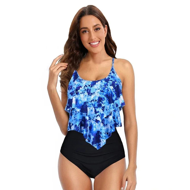 Swimsuit for Women – Ruched Detail – Ruffle Top – High Waist – Full Coverage Fit