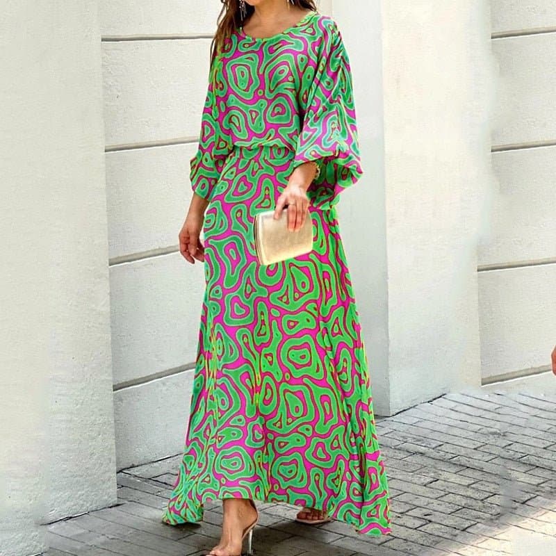 Women's Long Dress - Loose Fit - Round Neck - 3/4 Sleeves - Light and Airy