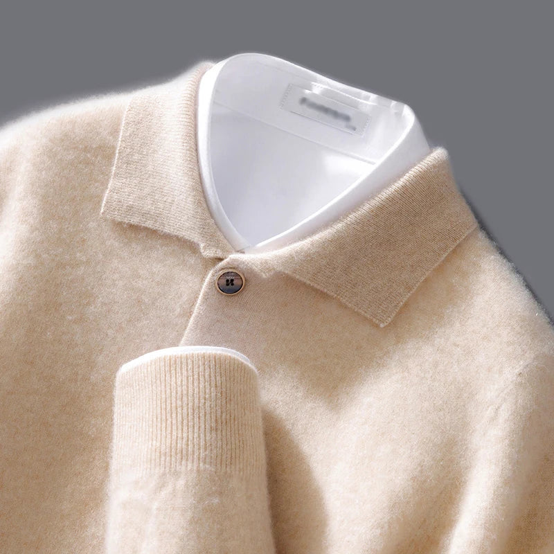 Men's sweatshirt – relaxed fit – soft wool knit – polo collar with buttons