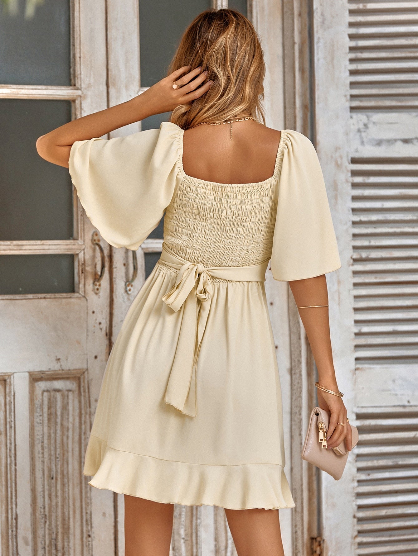 Dress for Women – Wrap Design – A-Line Skirt – Elbow-Length Sleeves – Ruffle Hem