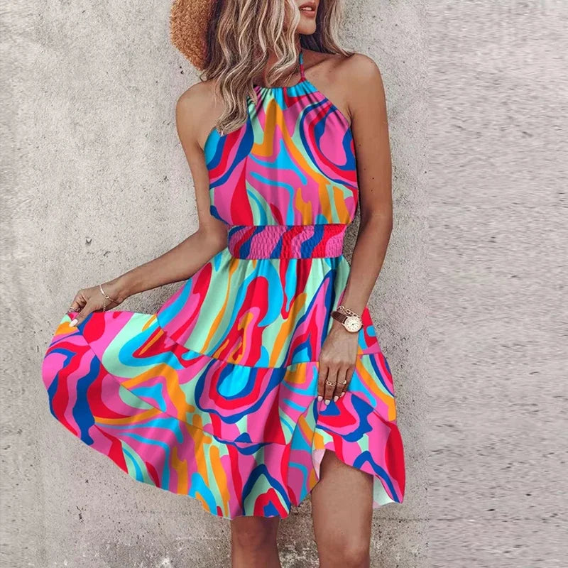 Women's Mini Dress – Relaxed Fit – Halterneck – Smocked Waist – Bohemian Print