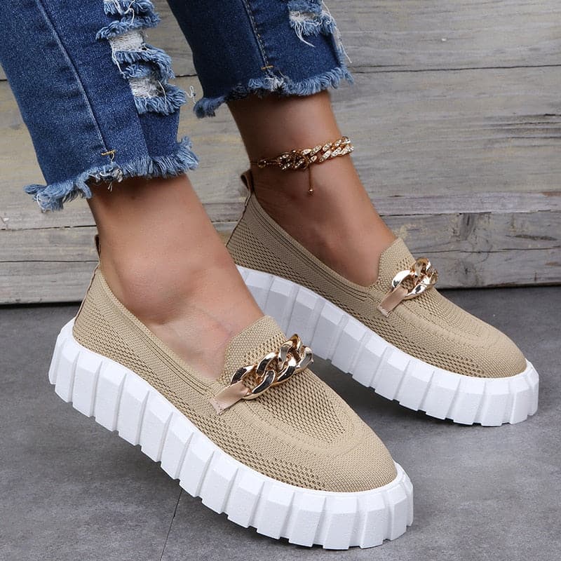 Women's Loafers - Chunky Platform - Breathable Knit - Slip-on with Chain Detail