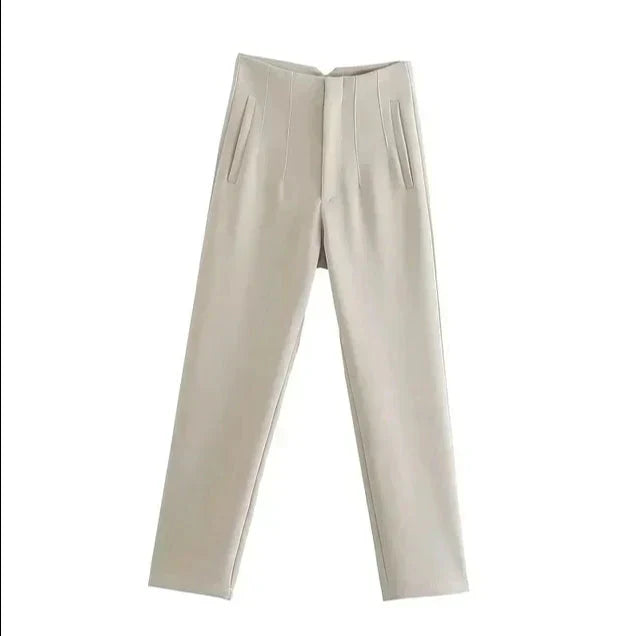 Women's Trousers - High-Waisted Tailored - Slim Fit - Elegant with Front Pleats