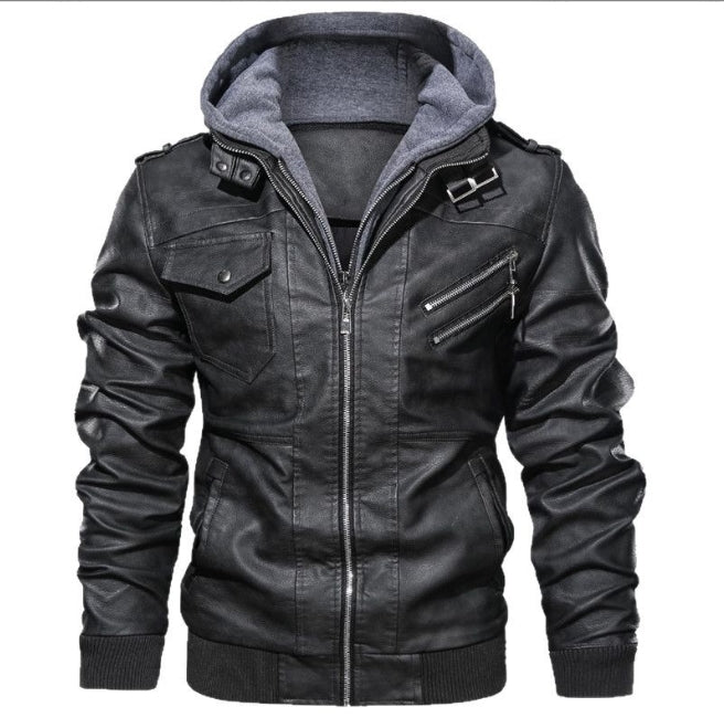 Men's Leather Jacket – Slim Fit – Hood – Zipper Closure – Ribbed Edges – Epaulettes