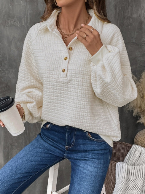 Women's Sweatshirt – Oversized Fit – Textured Grid Knit – Half Placket – Casual Style