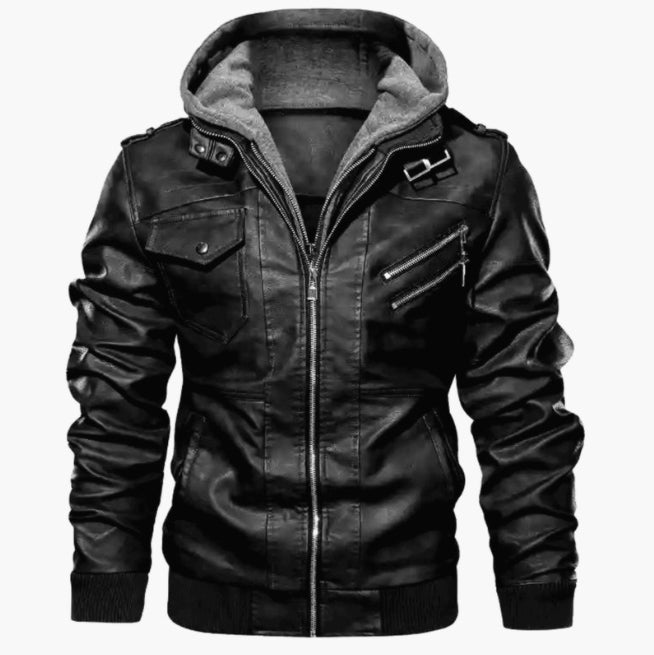 Men's Leather Jacket – Slim Fit – Hood – Zipper Closure – Ribbed Edges – Epaulettes