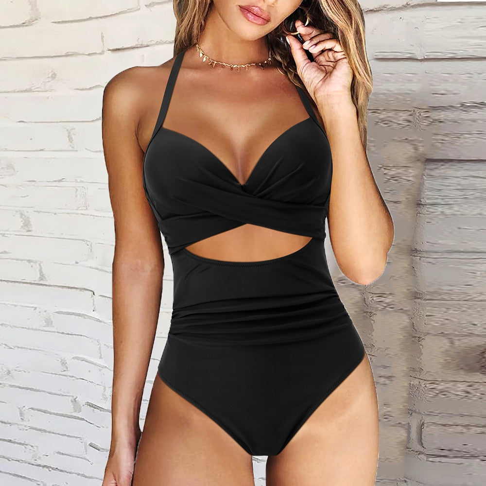 Swimsuit for Women – Push-up Fit – High Waist – Cut-out – Halterneck Design