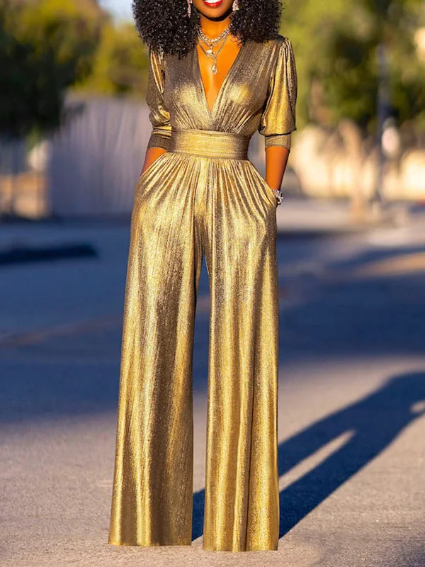 Women's Jumpsuit - Shiny Finish - V-Neck - 3/4 Sleeves - Wide Legs - Elegant Fit