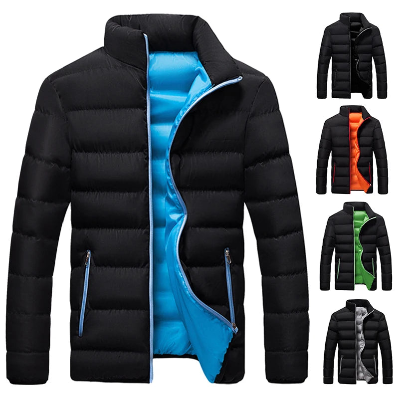Men's Puffer Jacket - Windproof and Water-Repellent - High Collar - Zipper Closure - Lined and Warm