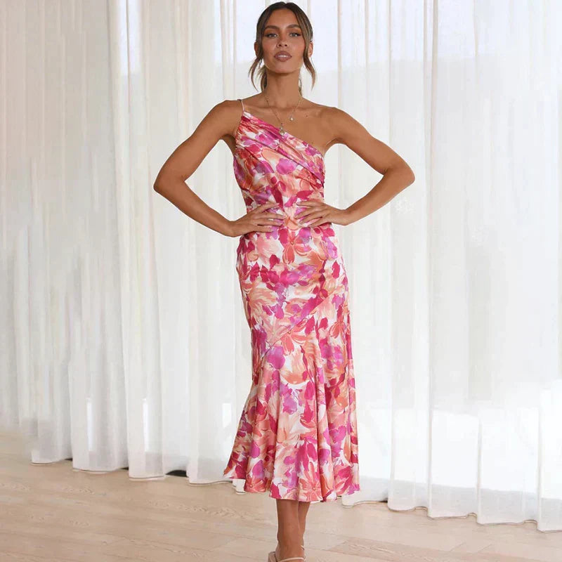 Dress for Women – Slim Fit – Draped Cut – Single Shoulder – Glossy Luxury Fabric – Midi Length