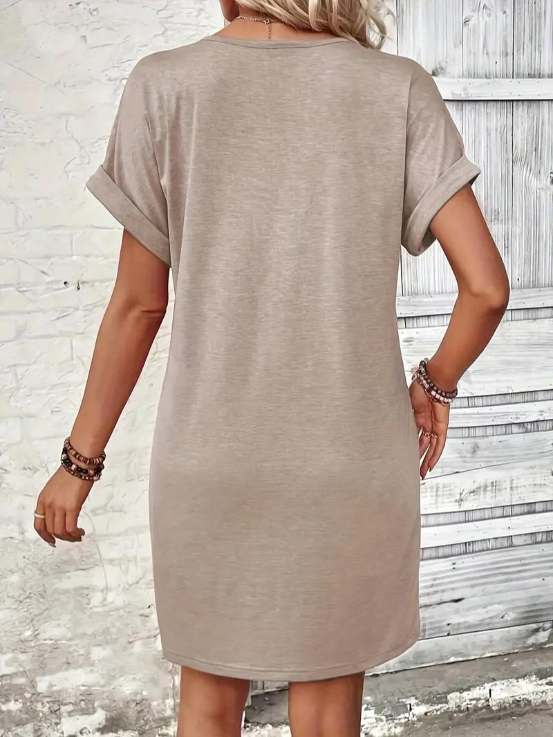 Women's Dress - V-neck with Buttons - Short Rolled-up Sleeves - Loose Fit - Light and Breathable