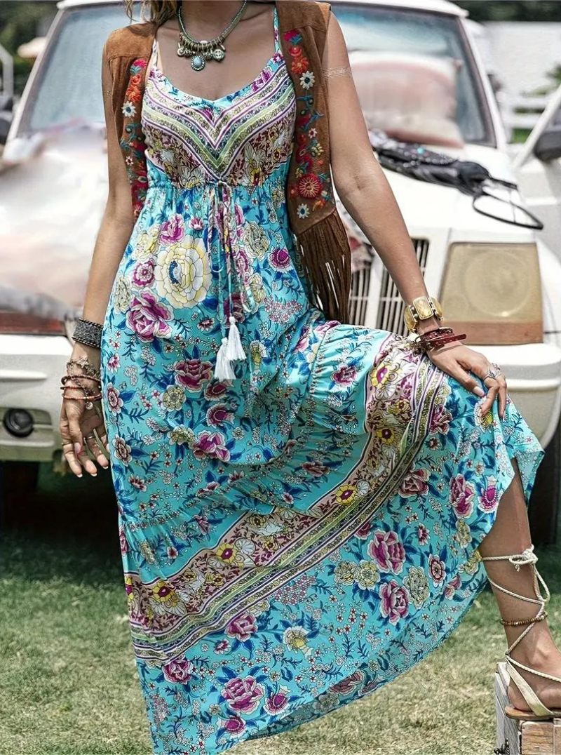 Dame Maxikjole - Boheme Stil - V-hals med Blonde Detaljer - Løs Pasform - Blomsterprint