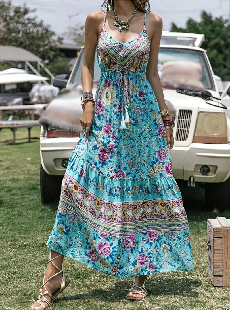 Dame Maxikjole - Boheme Stil - V-hals med Blonde Detaljer - Løs Pasform - Blomsterprint