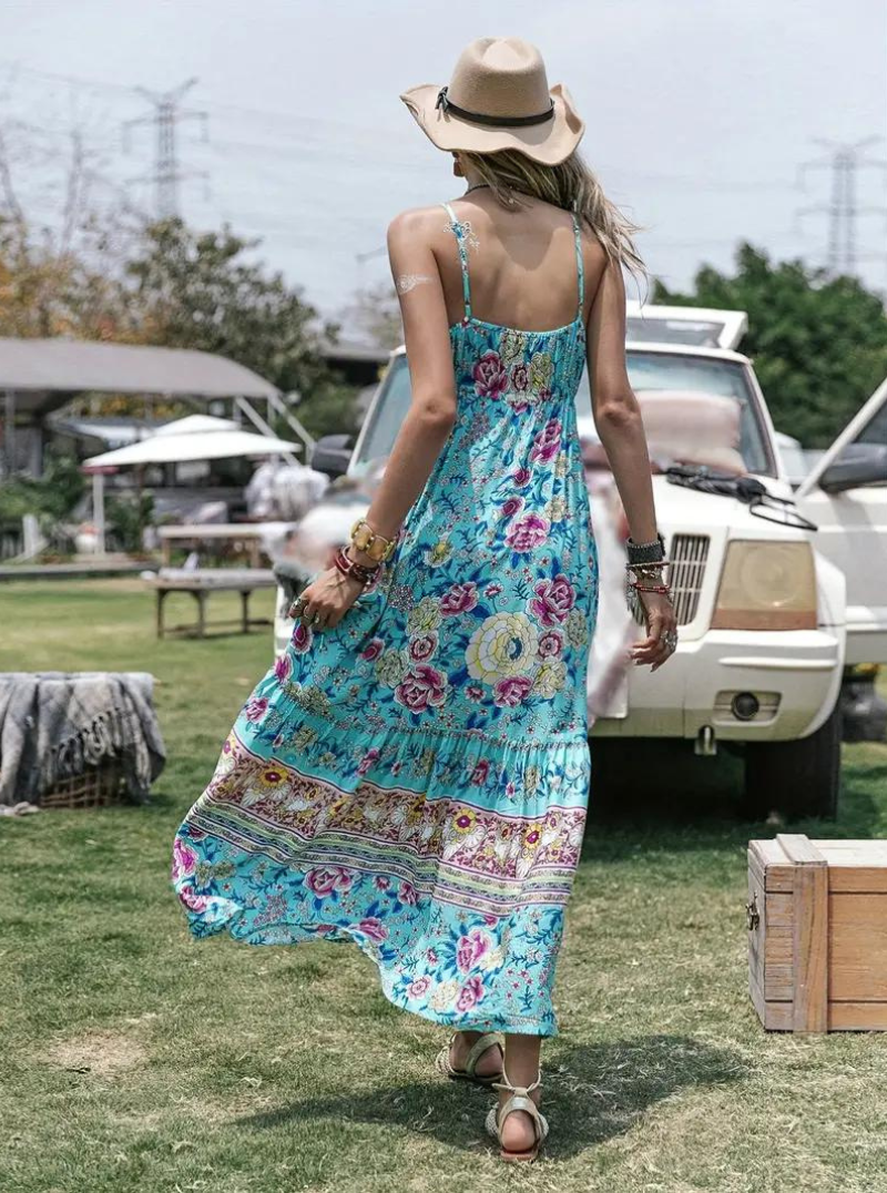 Dame Maxikjole - Boheme Stil - V-hals med Blonde Detaljer - Løs Pasform - Blomsterprint